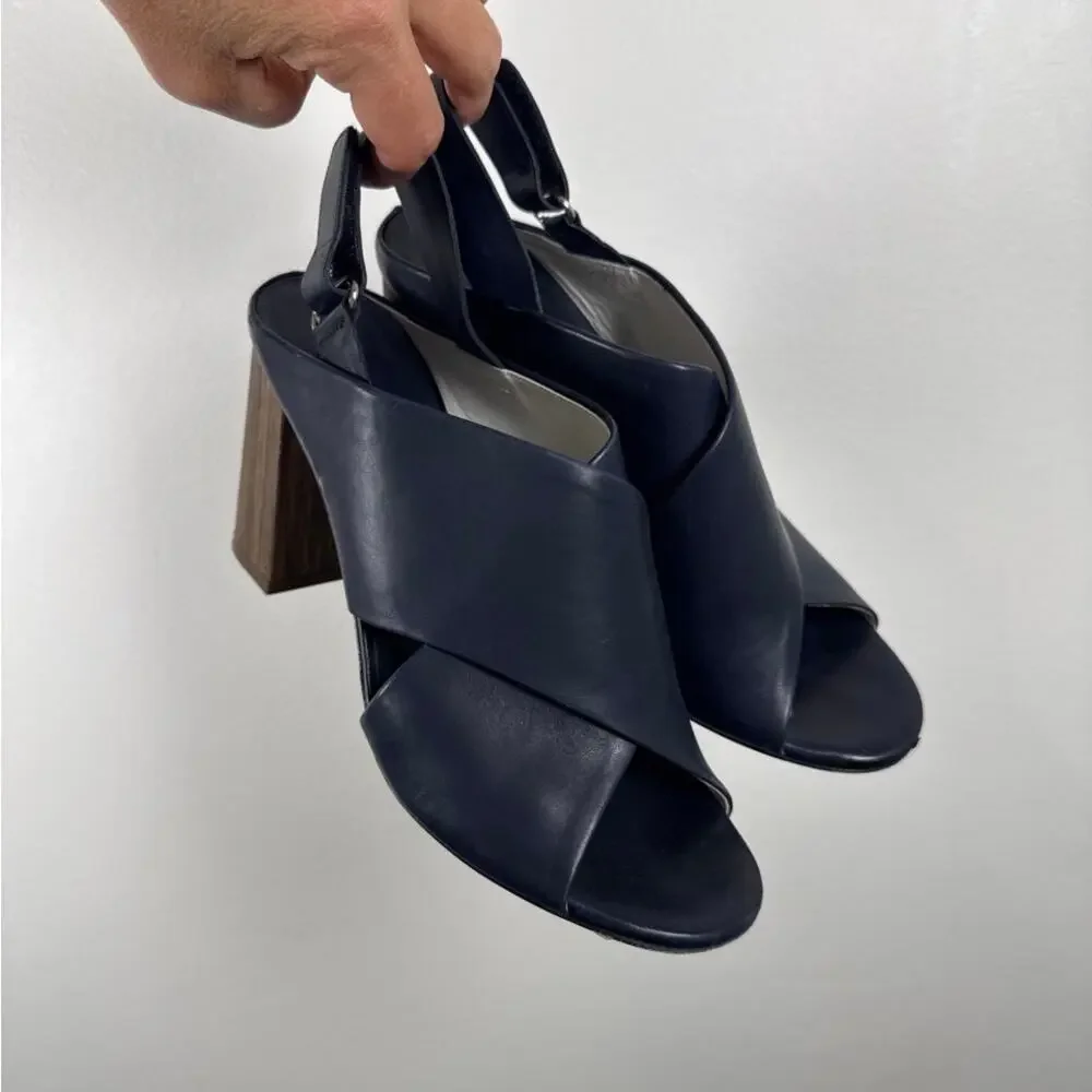 Vince Leather Crisscross Slingback Block Heel Leather Sandals Navy Size 7.5M